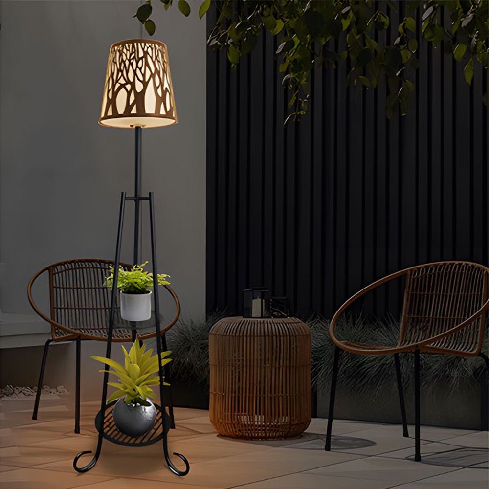 Tripod Metal Shelf Outdoor Floor Lamp Solar USB IP65 3-Step CCT PC Drum Shade