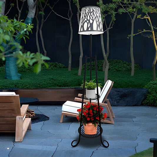 Tripod Metal Shelf Outdoor Floor Lamp Solar USB IP65 3-Step CCT PC Drum Shade