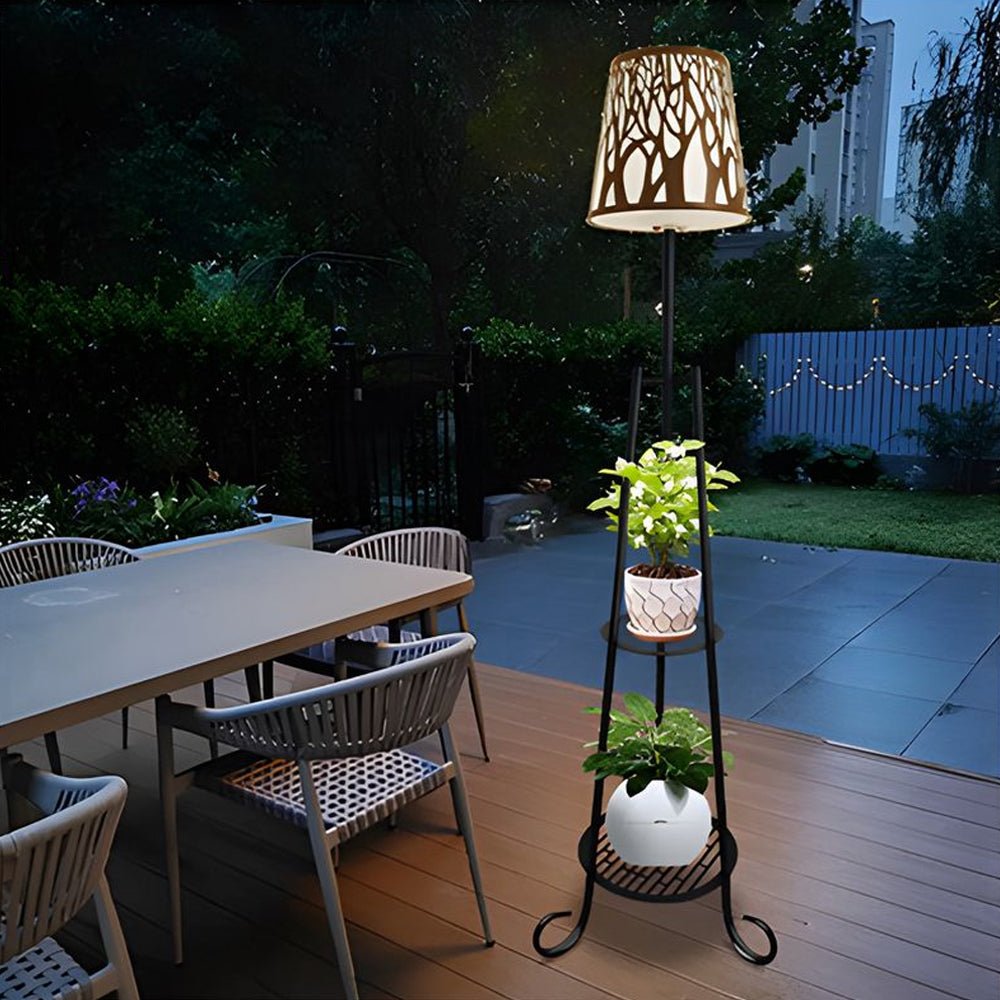 Tripod Metal Shelf Outdoor Floor Lamp Solar USB IP65 3-Step CCT PC Drum Shade