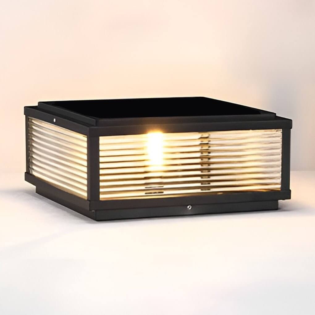 Square Ribbed Glass Outdoor Pillar Light Black Die-Cast Aluminum Solar or Hardwired 5 Widths Pier Mount