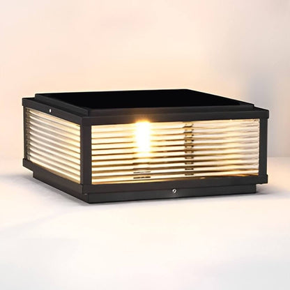 Square Ribbed Glass Outdoor Pillar Light Black Die-Cast Aluminum Solar or Hardwired 5 Widths Pier Mount