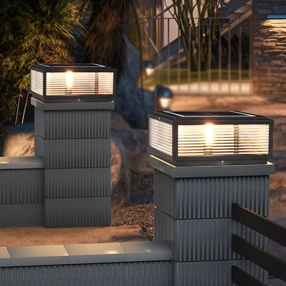Square Ribbed Glass Outdoor Pillar Light Black Die-Cast Aluminum Solar or Hardwired 5 Widths Pier Mount