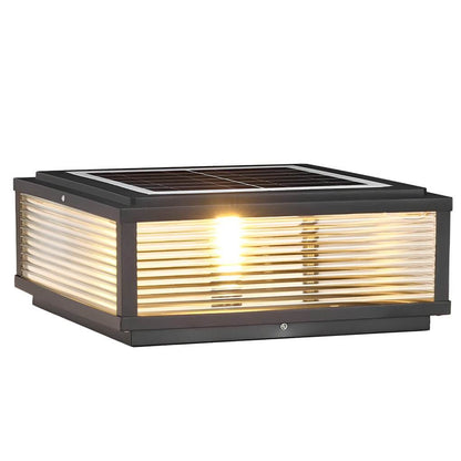 Square Ribbed Glass Outdoor Pillar Light Black Die-Cast Aluminum Solar or Hardwired 5 Widths Pier Mount