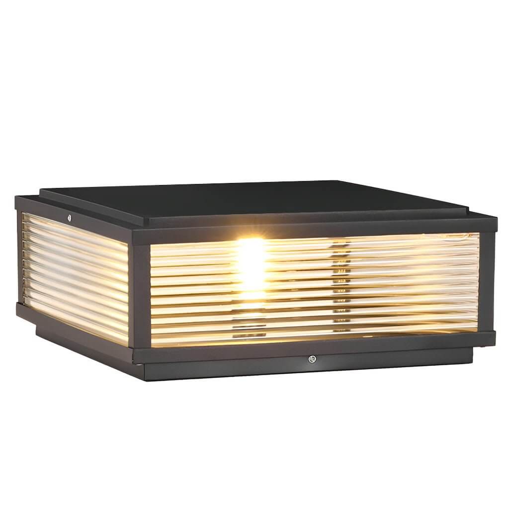 Square Ribbed Glass Outdoor Pillar Light Black Die-Cast Aluminum Solar or Hardwired 5 Widths Pier Mount