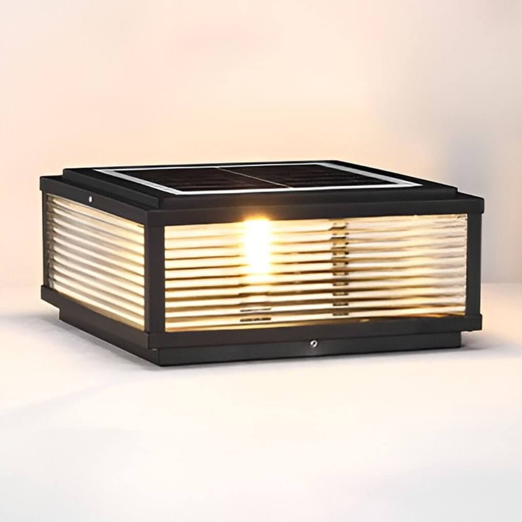 Square Ribbed Glass Outdoor Pillar Light Black Die-Cast Aluminum Solar or Hardwired 5 Widths Pier Mount