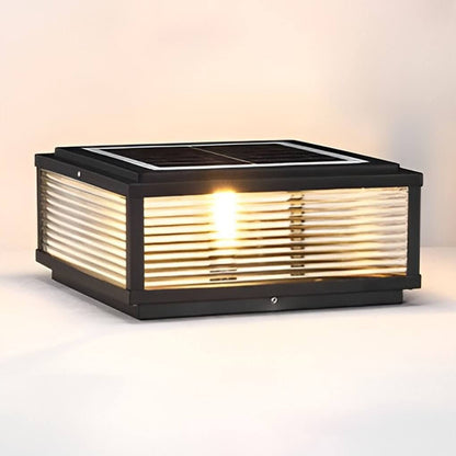 Square Ribbed Glass Outdoor Pillar Light Black Die-Cast Aluminum Solar or Hardwired 5 Widths Pier Mount