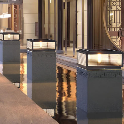 Square Ribbed Glass Outdoor Pillar Light Black Die-Cast Aluminum Solar or Hardwired 5 Widths Pier Mount
