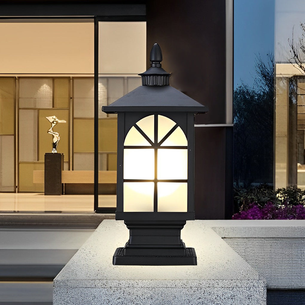 Retro Die-Cast Aluminum Frosted Glass Outdoor Pillar Light Black or Bronze 3 Grid Styles IP55 Hardwired E27