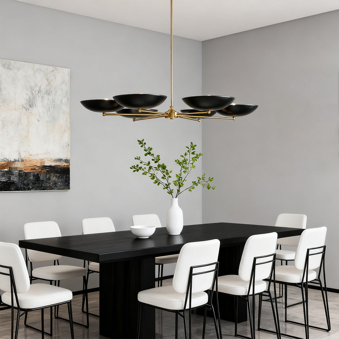Black and Gold Six-Arm Disc Chandelier with Matte Black Shades and Brushed Gold Frame