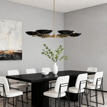 Black and Gold Six-Arm Disc Chandelier with Matte Black Shades and Brushed Gold Frame
