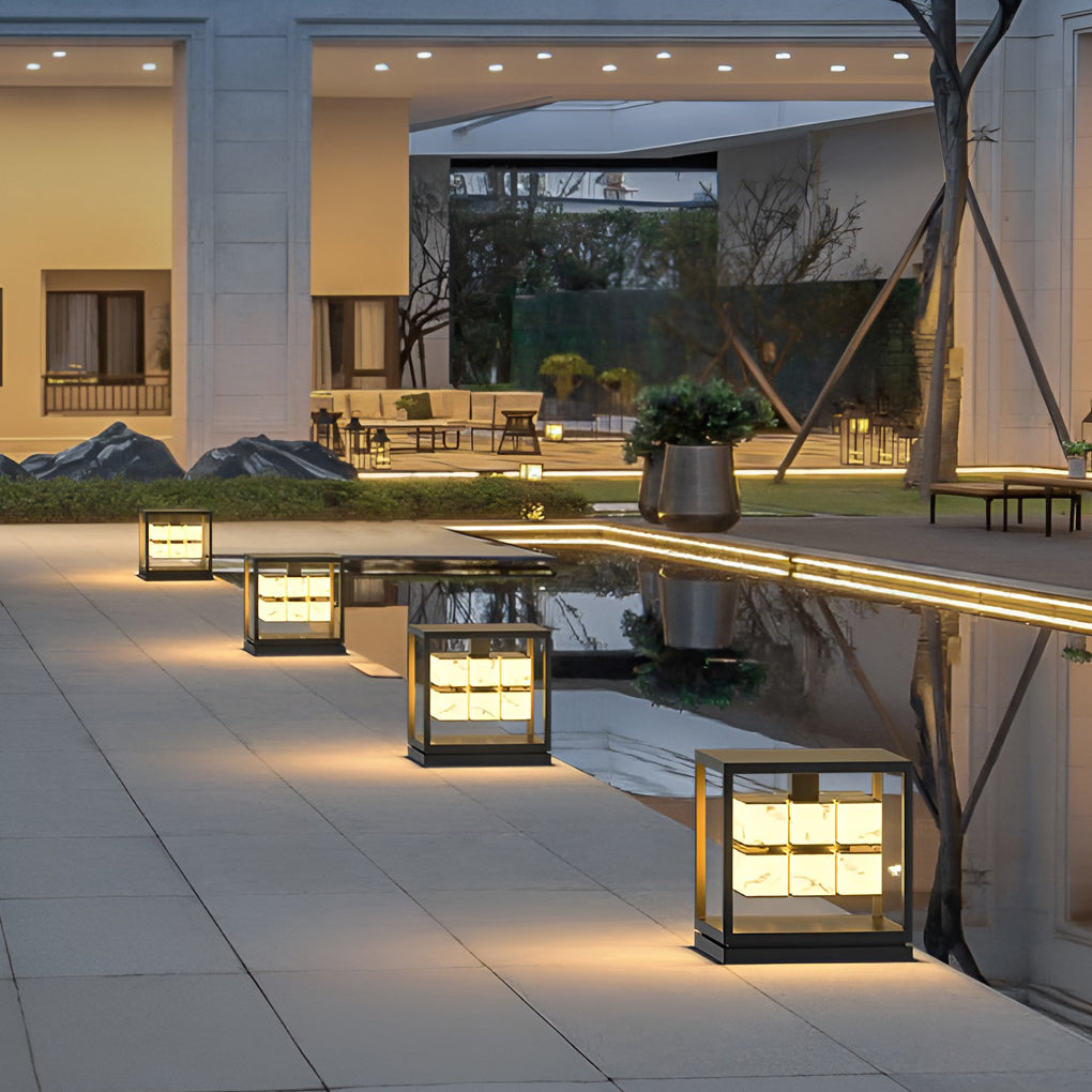 Modern Brick Square Stainless Steel PC Outdoor Pillar Light Black Single or Double Layer Solar or Hardwired IP65 Villa Gate