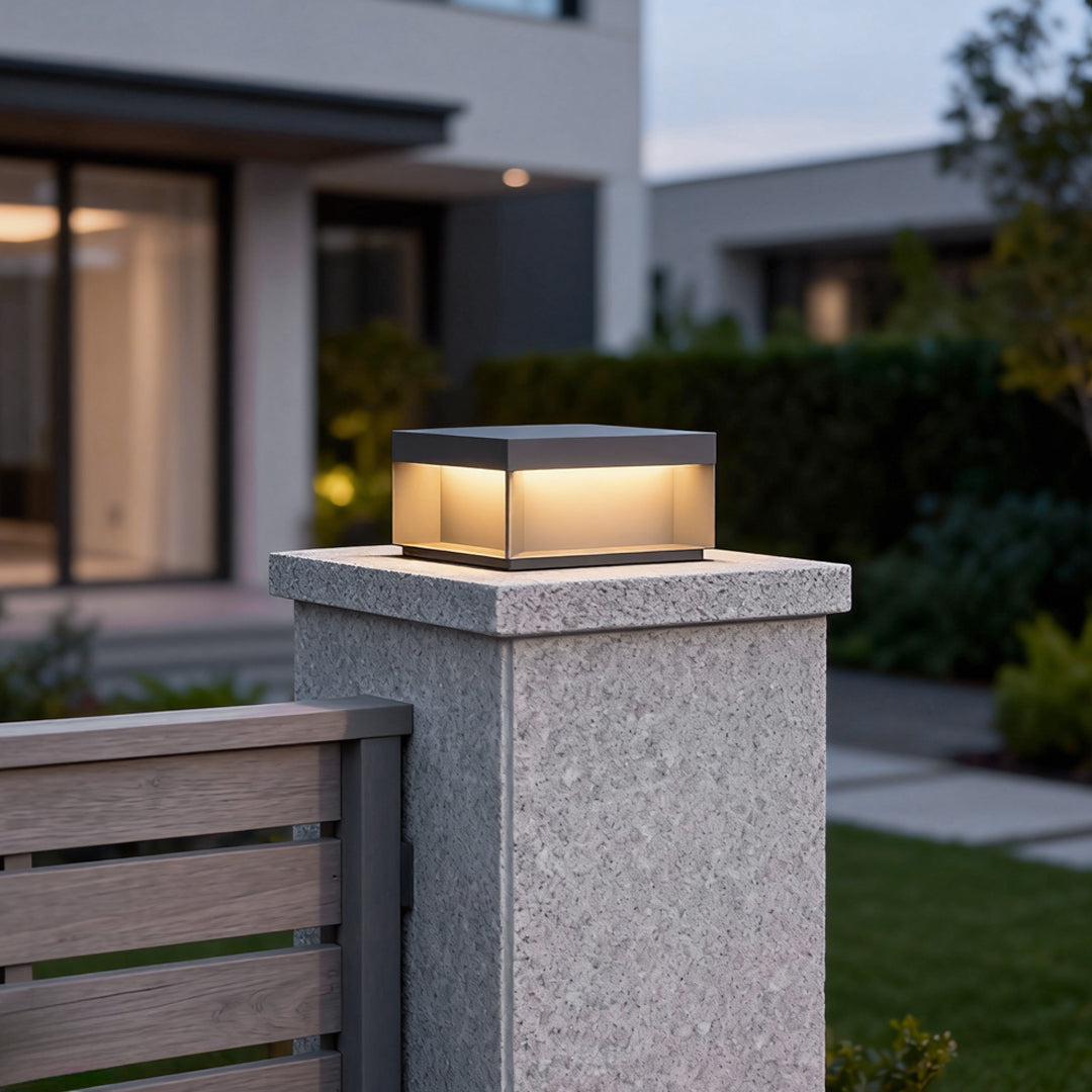 Industrial Square Stainless Steel Tempered Glass Outdoor Pillar Light Black IP65 Solar or Hardwired 5 Sizes Deck Post