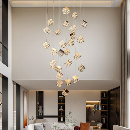 Staircase Chandelier Carbon Steel Crystal Integrated LED 15-Head / 27-Head Champagne Gold Magic Cube 3-Step Modern Nordic