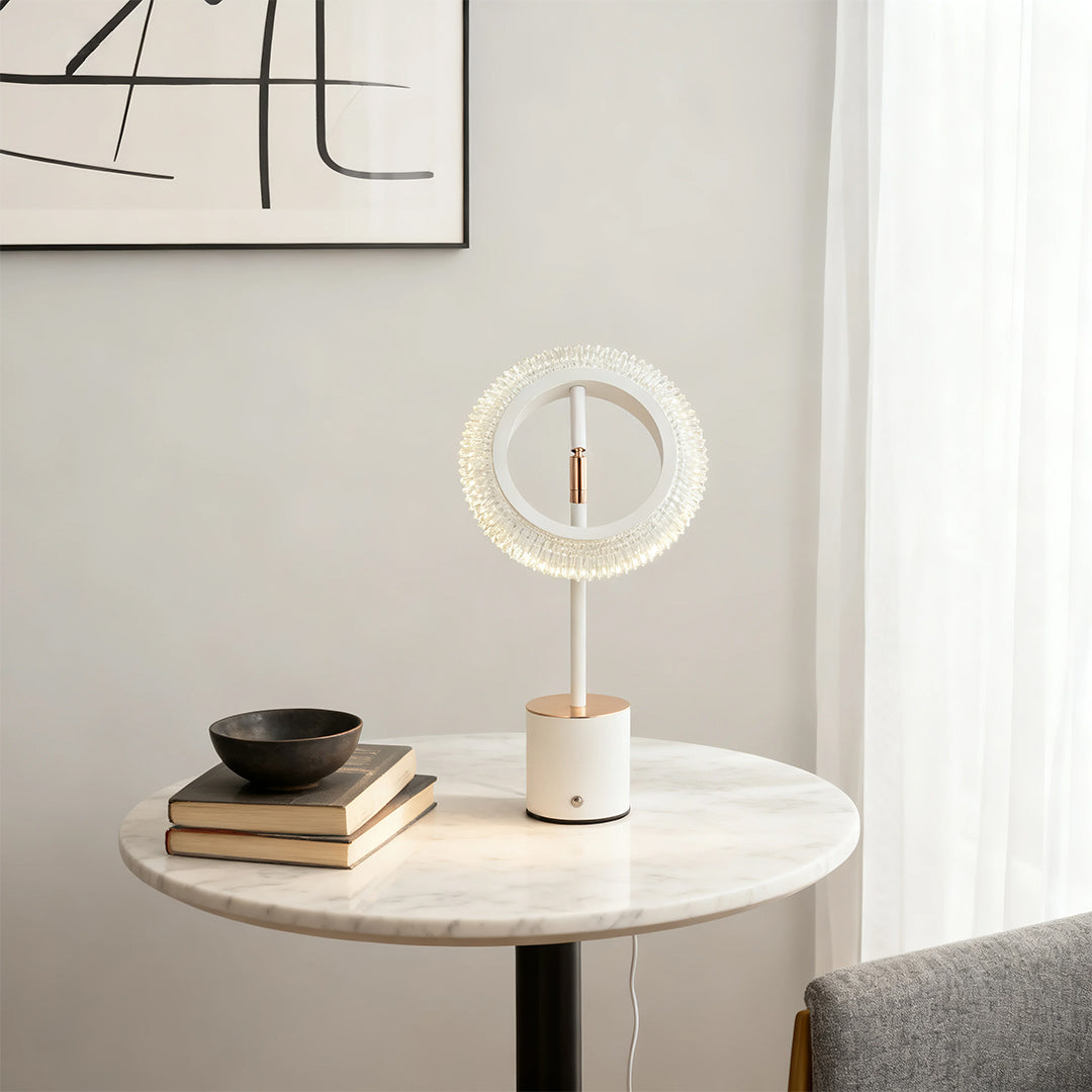 Circular Ring LED Table Lamp Iron Base Gold Accent Crystal Acrylic Shade USB Rechargeable Touch Dimmable Black White 11.42 Inch