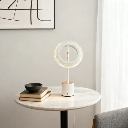 Circular Ring LED Table Lamp Iron Base Gold Accent Crystal Acrylic Shade USB Rechargeable Touch Dimmable Black White 11.42 Inch