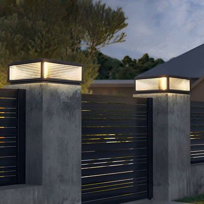 Square Ribbed Glass Outdoor Pillar Light Black Die-Cast Aluminum Solar or Hardwired 5 Widths Pier Mount