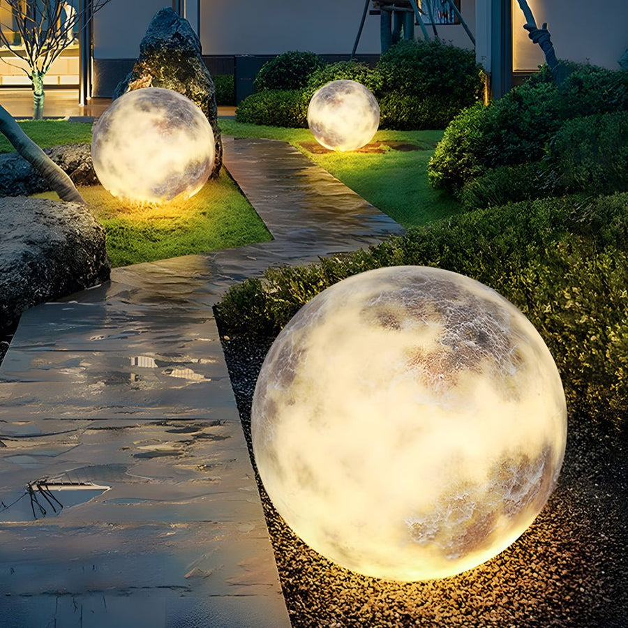 Hardwired LED Outdoor Moon Sphere Lawn Light 3D Lunar Texture PE Plastic IP65 3000K Warm White Garden Courtyard Terrace
