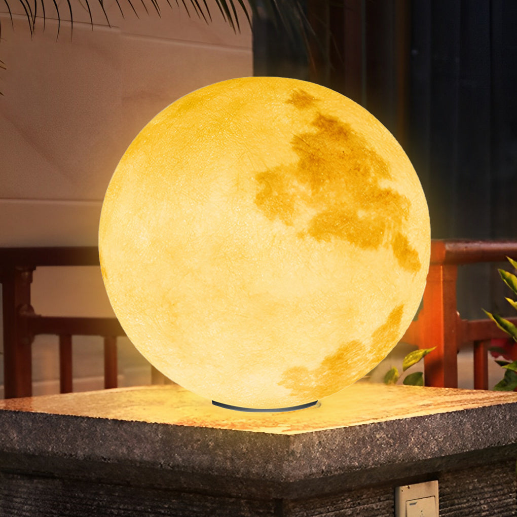 Moon Shaped Outdoor Pillar Light PE Sphere Solar or Hardwired IP65 5 Diameters 3D Lunar Glow Garden