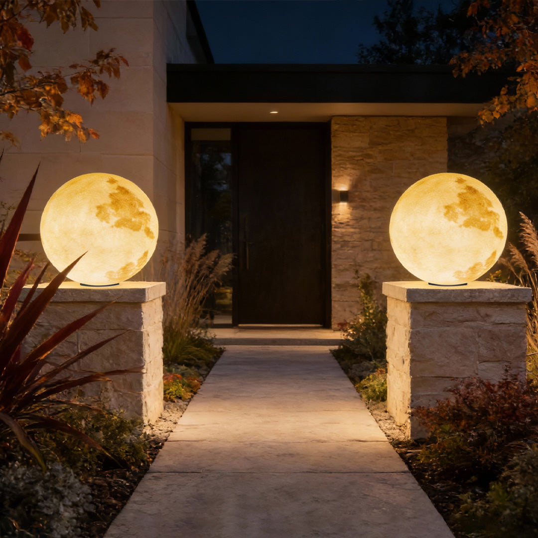 Moon Shaped Outdoor Pillar Light PE Sphere Solar or Hardwired IP65 5 Diameters 3D Lunar Glow Garden