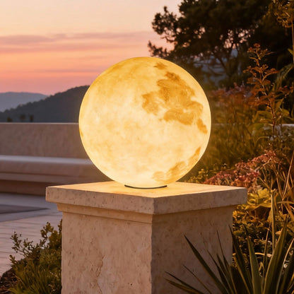 Moon Shaped Outdoor Pillar Light PE Sphere Solar or Hardwired IP65 5 Diameters 3D Lunar Glow Garden
