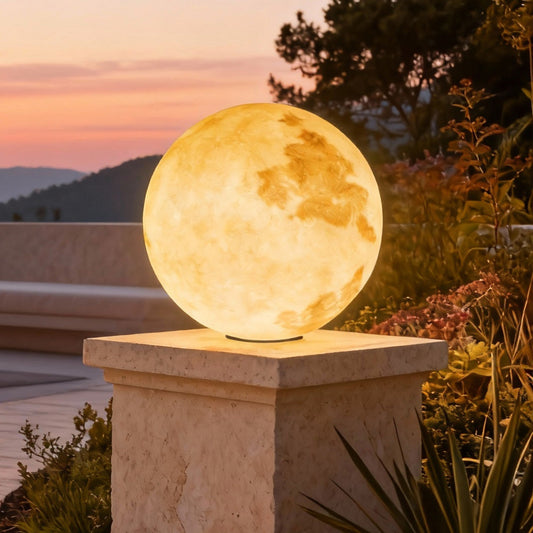 Moon Shaped Outdoor Pillar Light PE Sphere Solar or Hardwired IP65 5 Diameters 3D Lunar Glow Garden