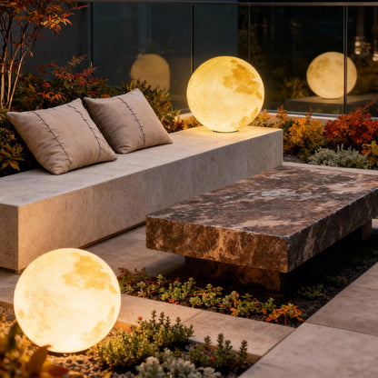 Moon Shaped Outdoor Pillar Light PE Sphere Solar or Hardwired IP65 5 Diameters 3D Lunar Glow Garden