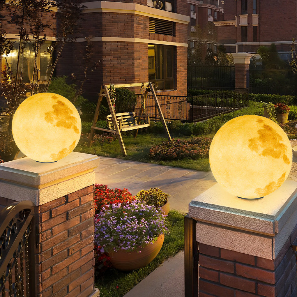 Moon Shaped Outdoor Pillar Light PE Sphere Solar or Hardwired IP65 5 Diameters 3D Lunar Glow Garden