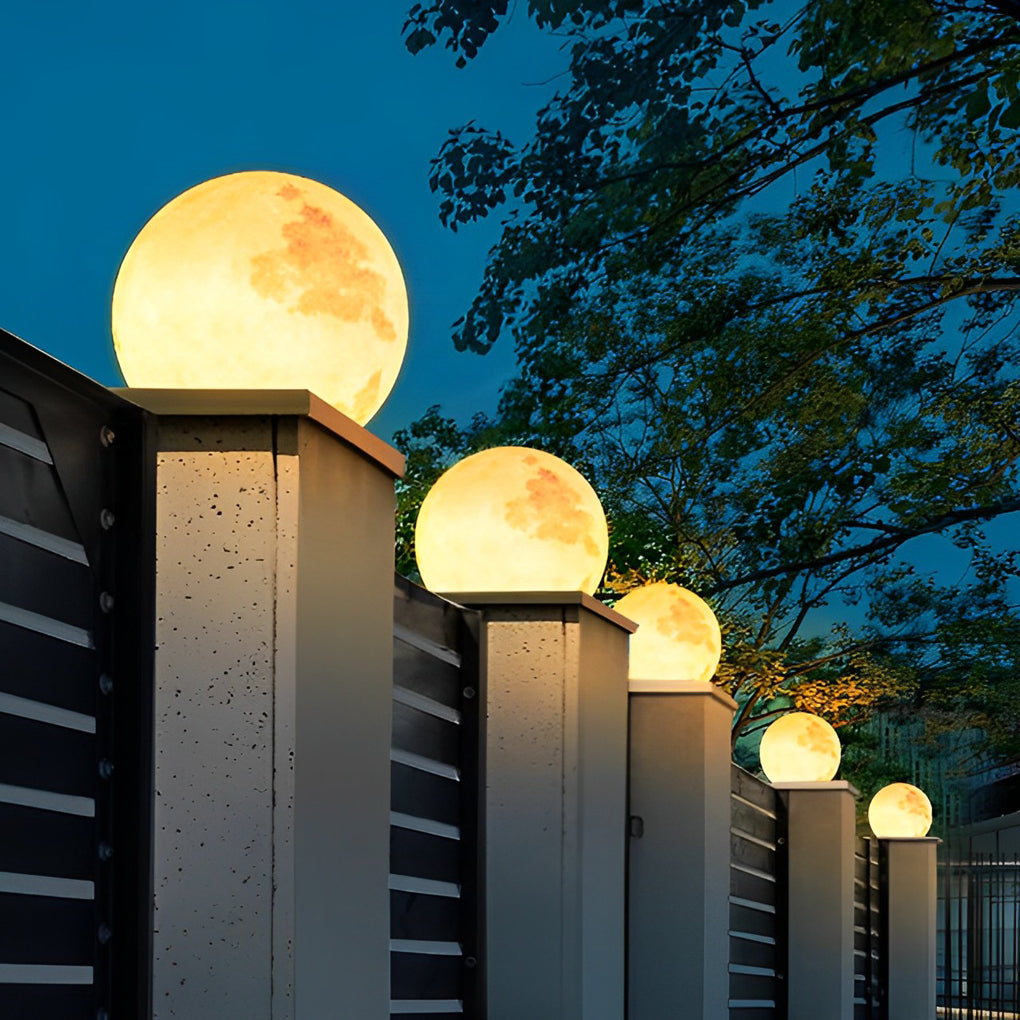 Moon Shaped Outdoor Pillar Light PE Sphere Solar or Hardwired IP65 5 Diameters 3D Lunar Glow Garden