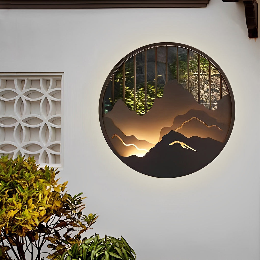 Mountain Landscape Round Outdoor Wall Light Iron LED 3000K 3 Sizes IP54
