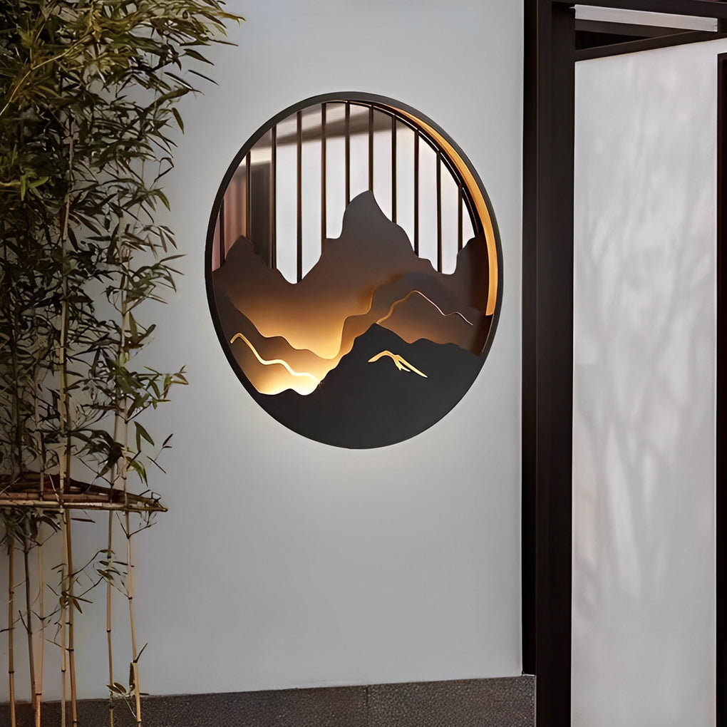 Mountain Landscape Round Outdoor Wall Light Iron LED 3000K 3 Sizes IP54