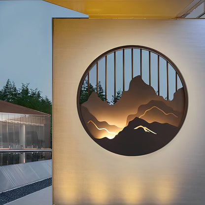 Mountain Landscape Round Outdoor Wall Light Iron LED 3000K 3 Sizes IP54