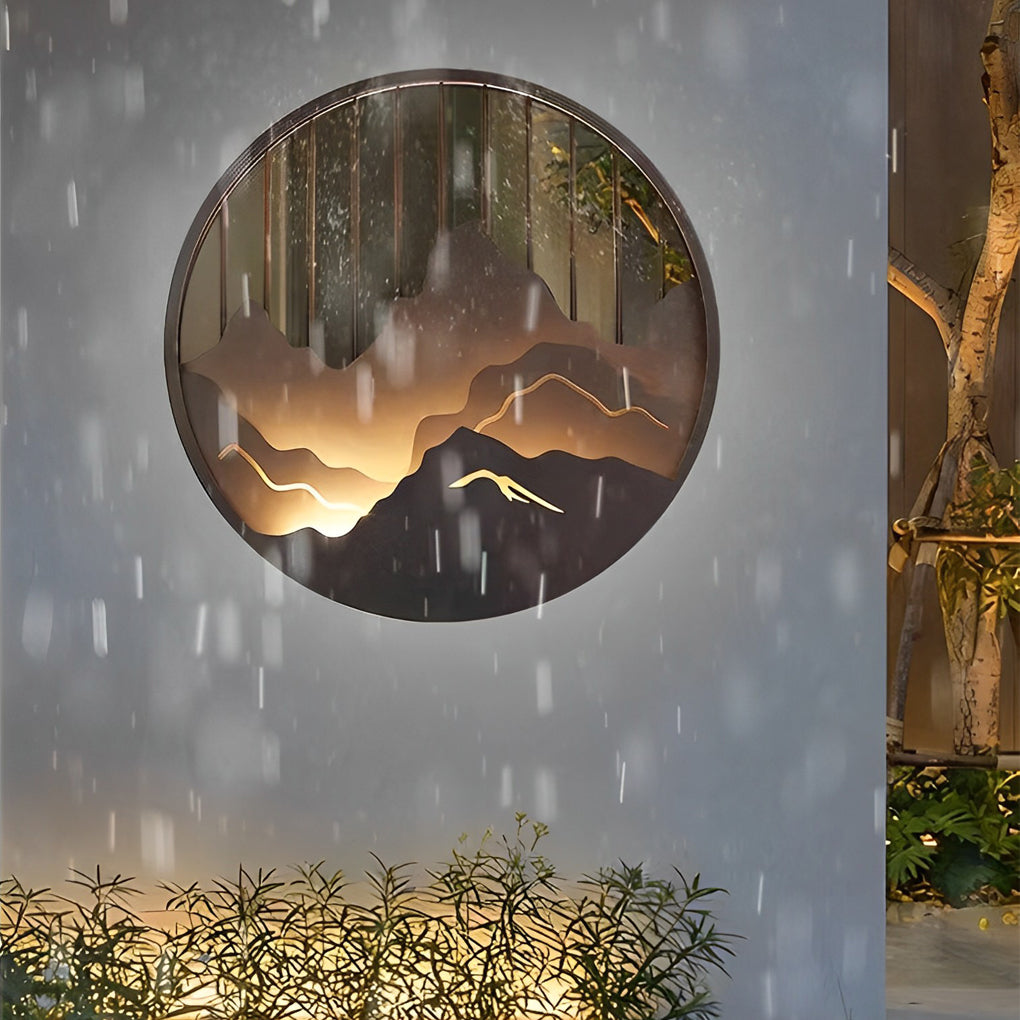 Mountain Landscape Round Outdoor Wall Light Iron LED 3000K 3 Sizes IP54
