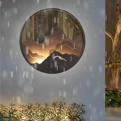 Mountain Landscape Round Outdoor Wall Light Iron LED 3000K 3 Sizes IP54