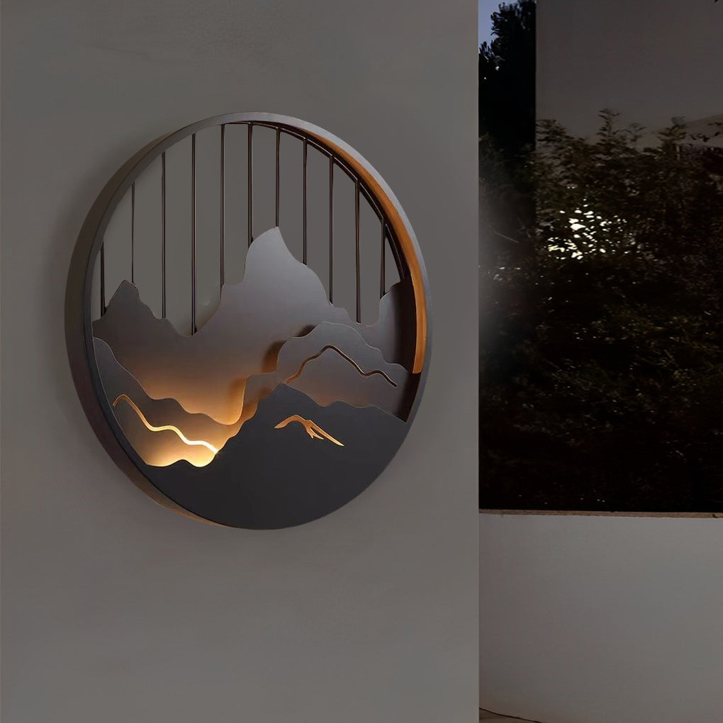 Mountain Landscape Round Outdoor Wall Light Iron LED 3000K 3 Sizes IP54