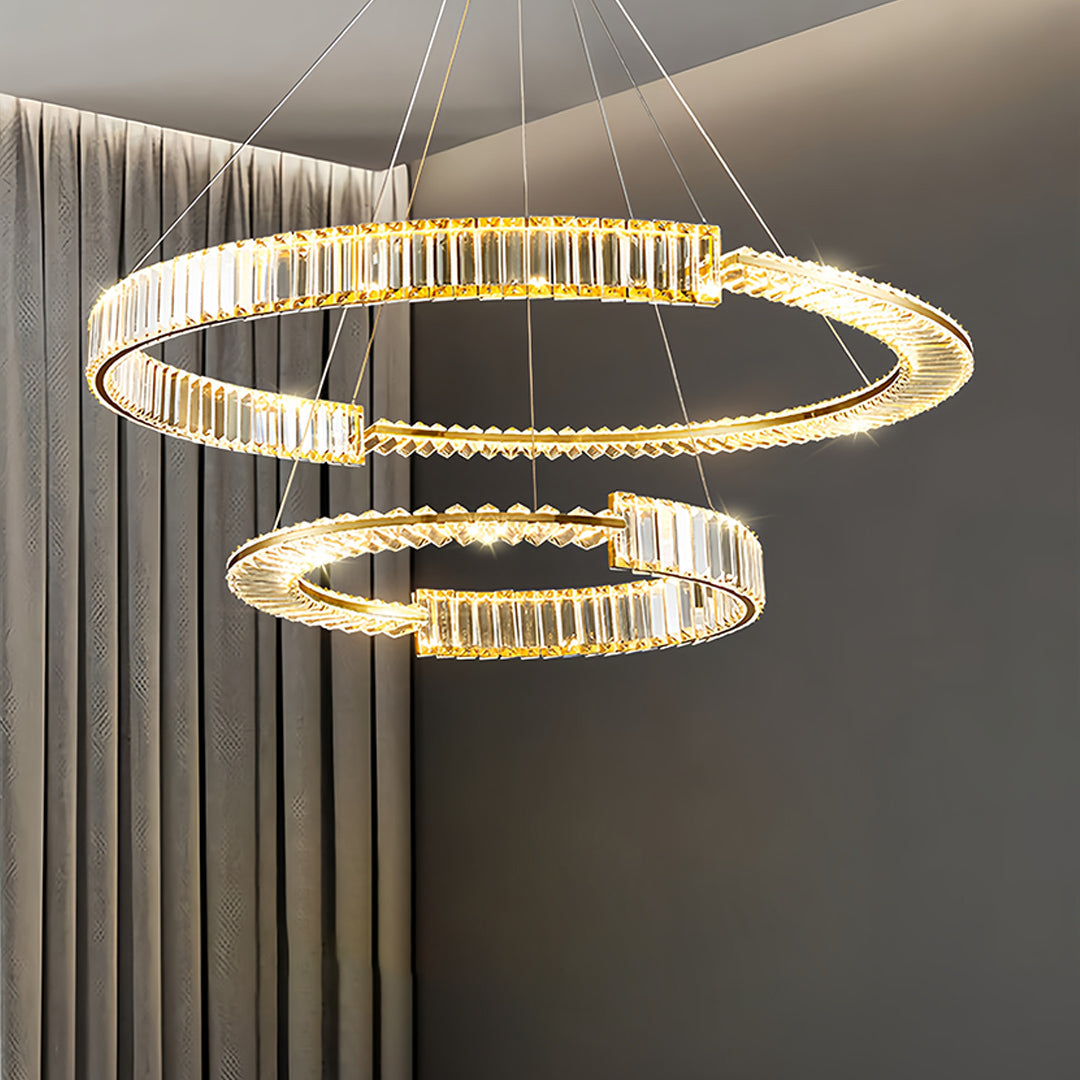 Crystal Chandelier Iron Gold Round Ring Multi-Layer Italian Style LED Dimmable Remote Three Sizes