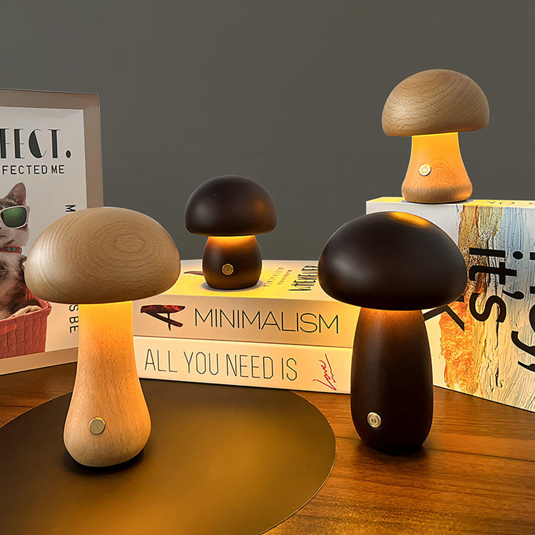 Beech Wood Mushroom LED Night Lamp Touch Dimming Four Shapes Two Finishes