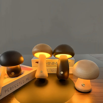 Beech Wood Mushroom LED Night Lamp Touch Dimming Four Shapes Two Finishes