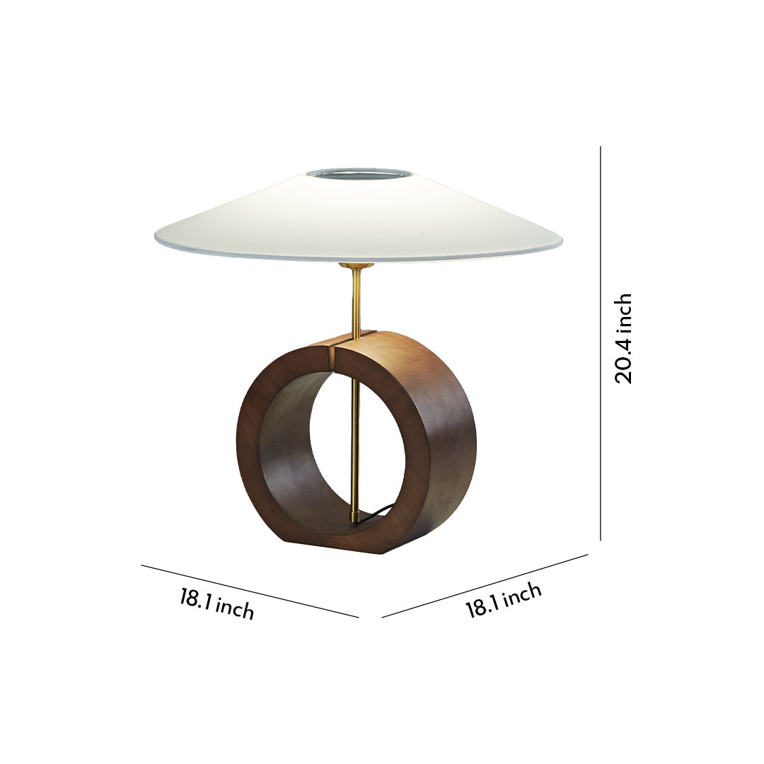 Black Walnut Wood Table Lamp Circular Ring Base Wide Beige Fabric Shade Nordic Japandi LED 12W 20.47 Inch