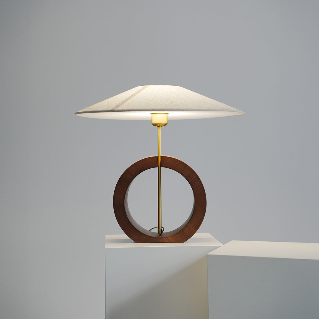 Black Walnut Wood Table Lamp Circular Ring Base Wide Beige Fabric Shade Nordic Japandi LED 12W 20.47 Inch