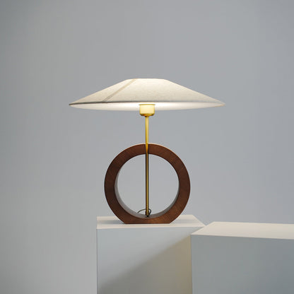 Black Walnut Wood Table Lamp Circular Ring Base Wide Beige Fabric Shade Nordic Japandi LED 12W 20.47 Inch