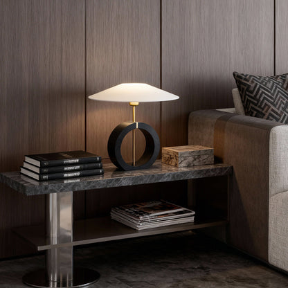 Black Walnut Wood Table Lamp Circular Ring Base Wide Beige Fabric Shade Nordic Japandi LED 12W 20.47 Inch