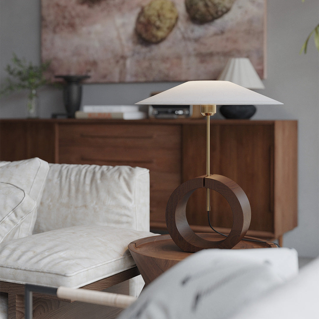 Black Walnut Wood Table Lamp Circular Ring Base Wide Beige Fabric Shade Nordic Japandi LED 12W 20.47 Inch