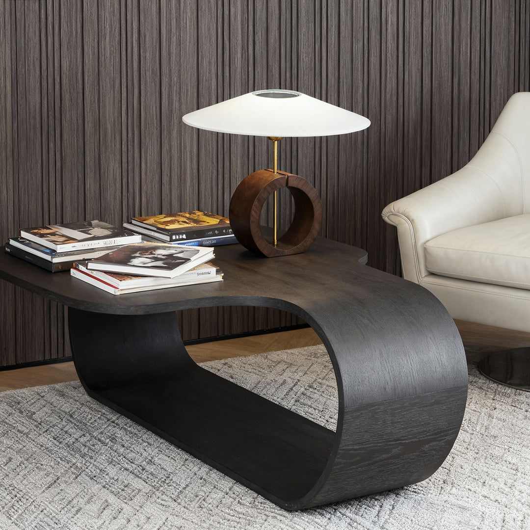Black Walnut Wood Table Lamp Circular Ring Base Wide Beige Fabric Shade Nordic Japandi LED 12W 20.47 Inch