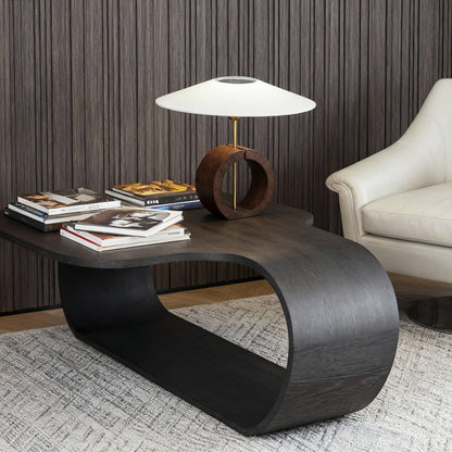 Black Walnut Wood Table Lamp Circular Ring Base Wide Beige Fabric Shade Nordic Japandi LED 12W 20.47 Inch