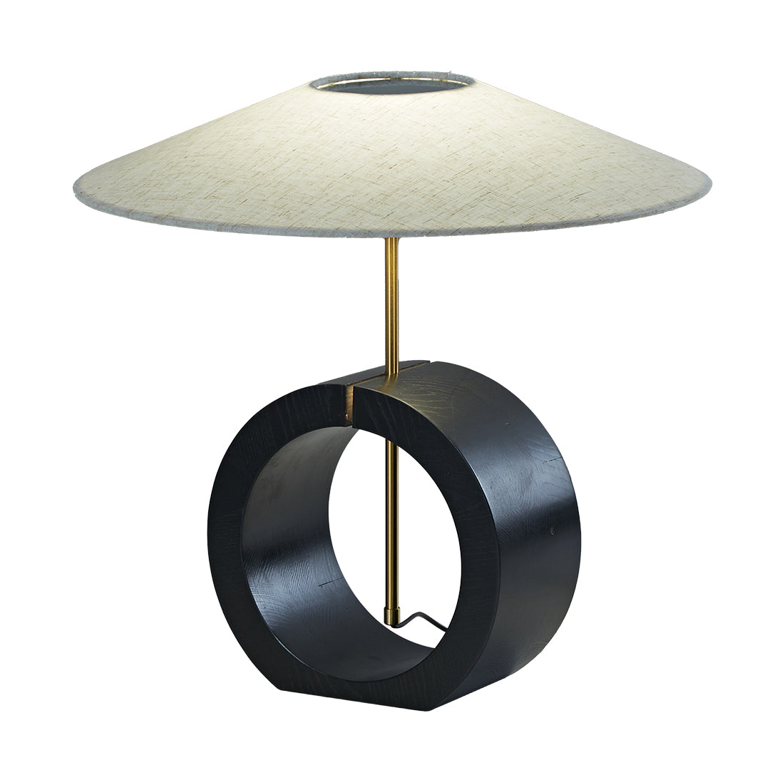 Black Walnut Wood Table Lamp Circular Ring Base Wide Beige Fabric Shade Nordic Japandi LED 12W 20.47 Inch