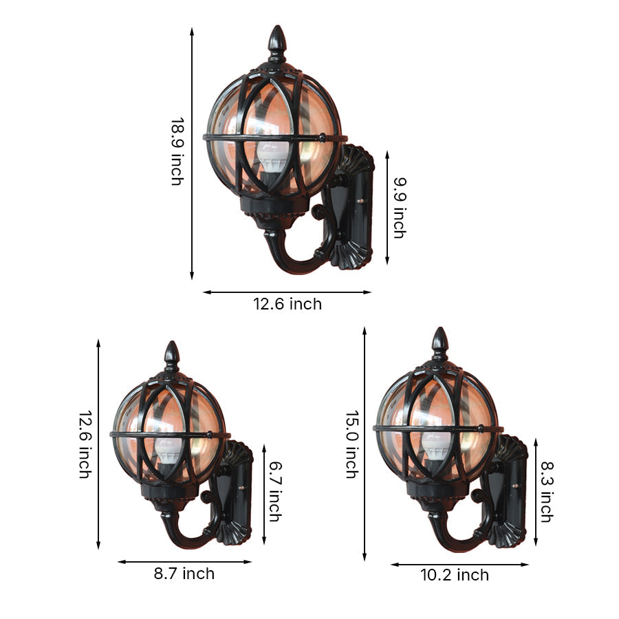 European Globe Outdoor Wall Sconce Cast Aluminum Amber Glass IP55 E27 Black Bronze 3 Sizes