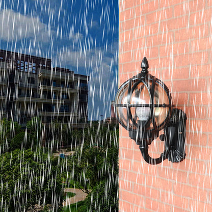 European Globe Outdoor Wall Sconce Cast Aluminum Amber Glass IP55 E27 Black Bronze 3 Sizes