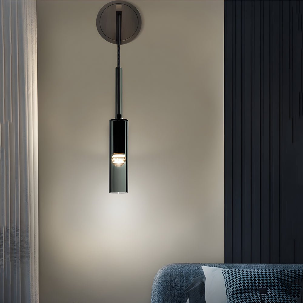 Nordic Copper Wall Sconce Smoked Glass Cylinder Hanging Cord LED E14 Bedroom Hallway