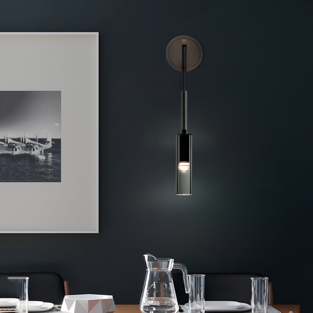 Nordic Copper Wall Sconce Smoked Glass Cylinder Hanging Cord LED E14 Bedroom Hallway