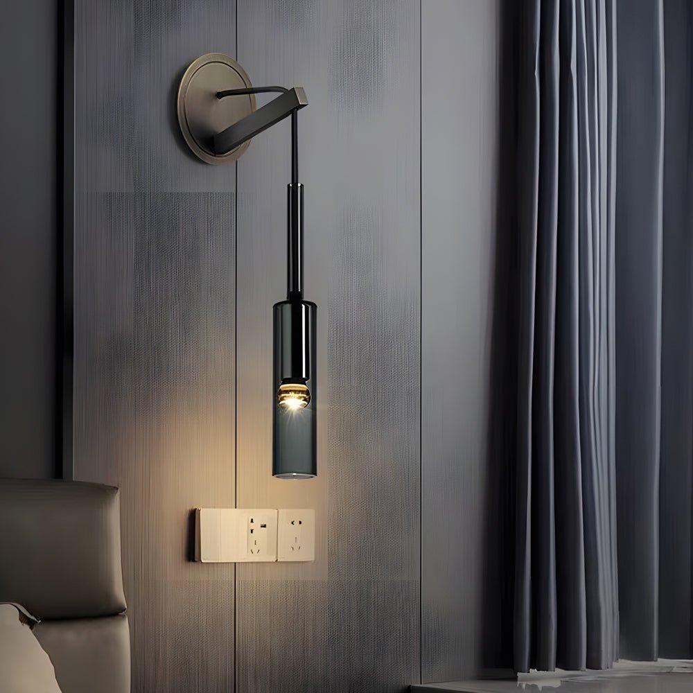 Nordic Copper Wall Sconce Smoked Glass Cylinder Hanging Cord LED E14 Bedroom Hallway
